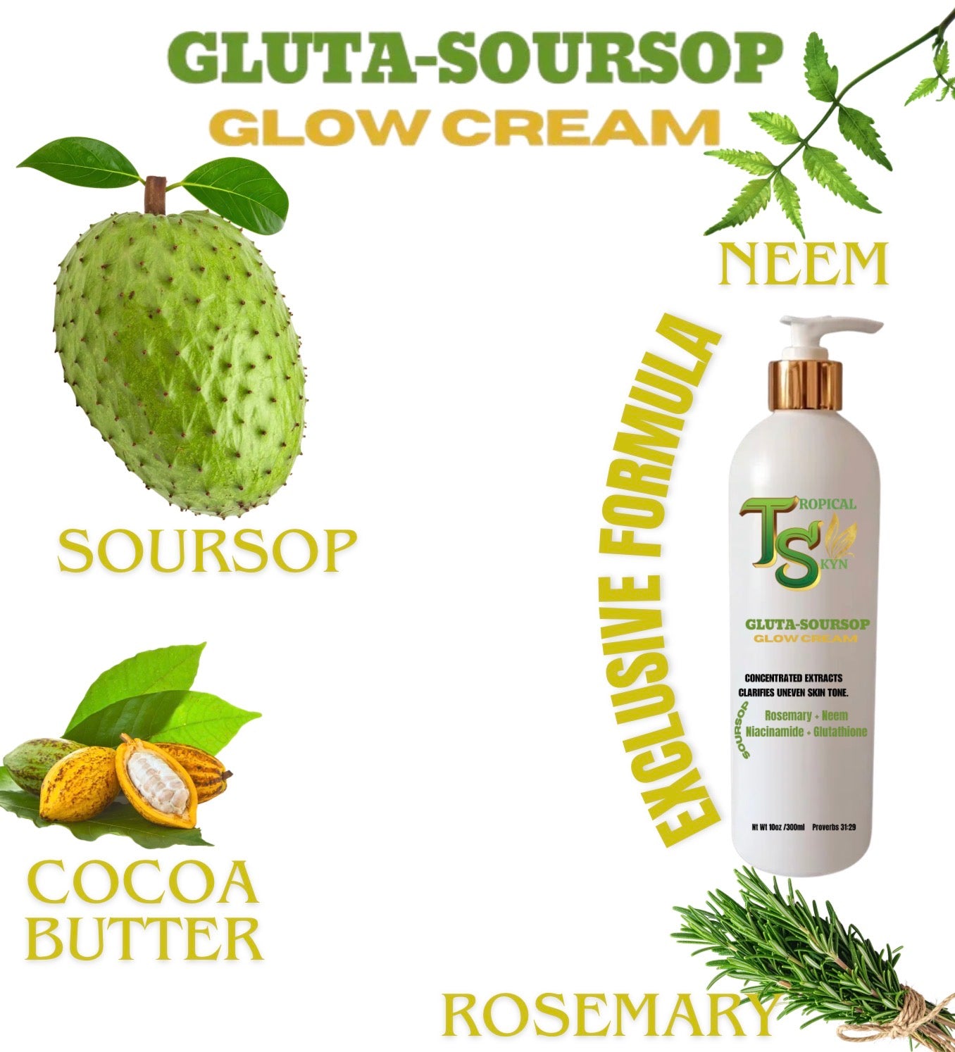 Gluta-Soursop Glow Cream with natural ingredients and product packaging on a white background