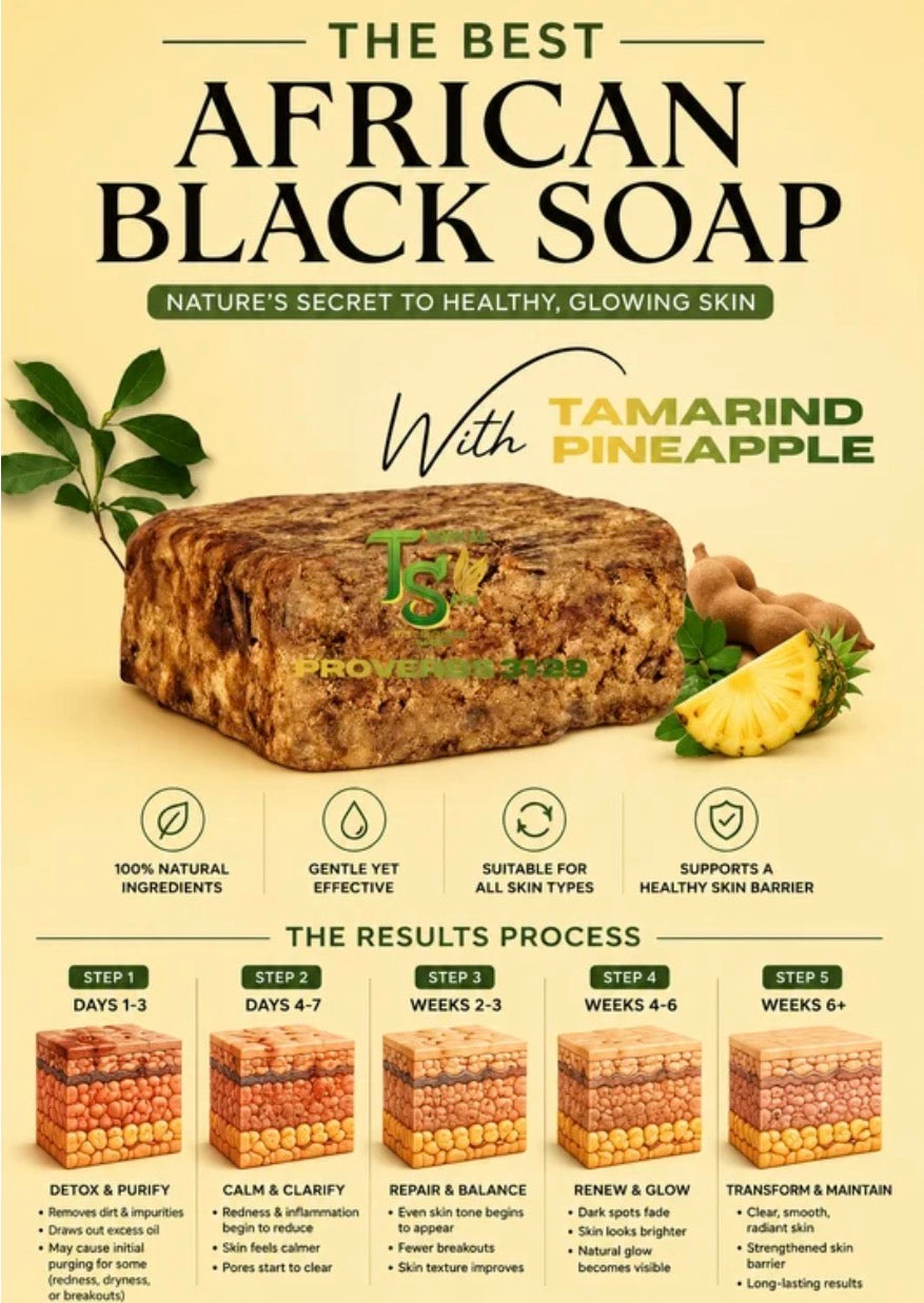 Advertisement for African Black Soap with Tamarind Pineapple, showing a bar of soap and promotional text on a beige background.