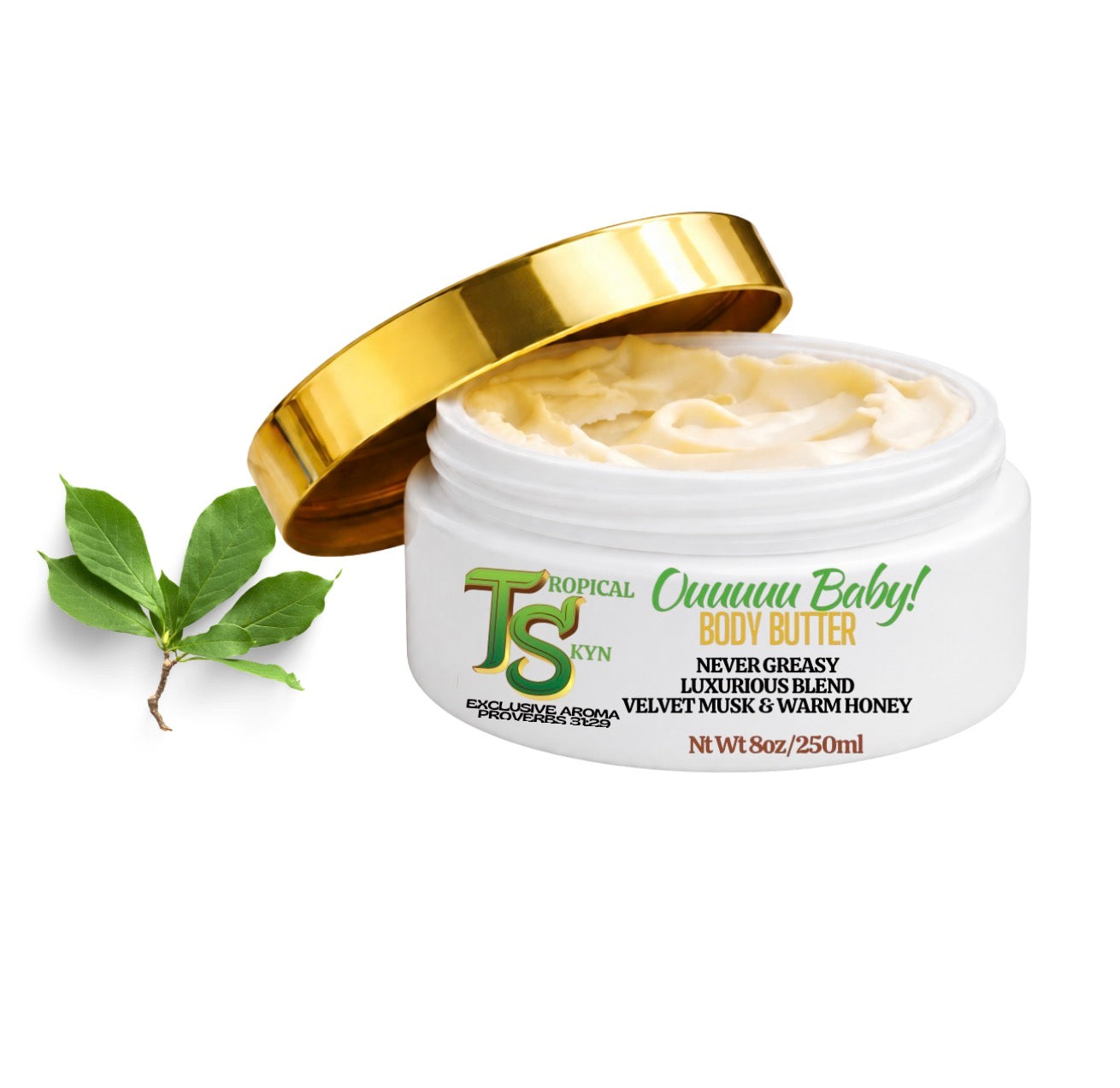 Tropical Skyn Ooouuuu Baby body butter jar with gold lid on a white background