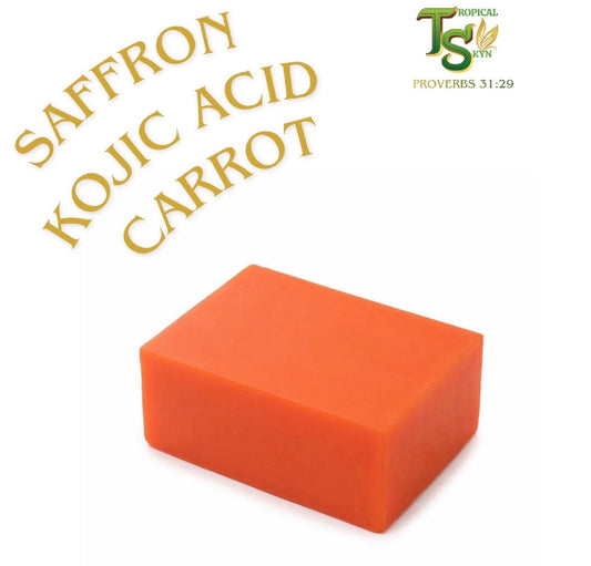 Orange soap bar with text 'Saffron Kojic Acid Carrot' on a white background, featuring the brand 'Tropical Skyn'.