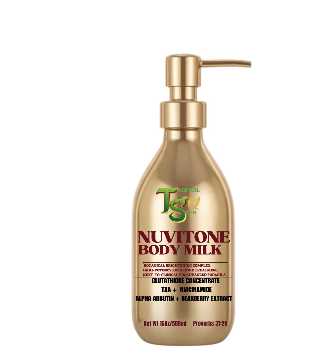 Gold bottle of Nuvitone Body Milk with pump on a white background