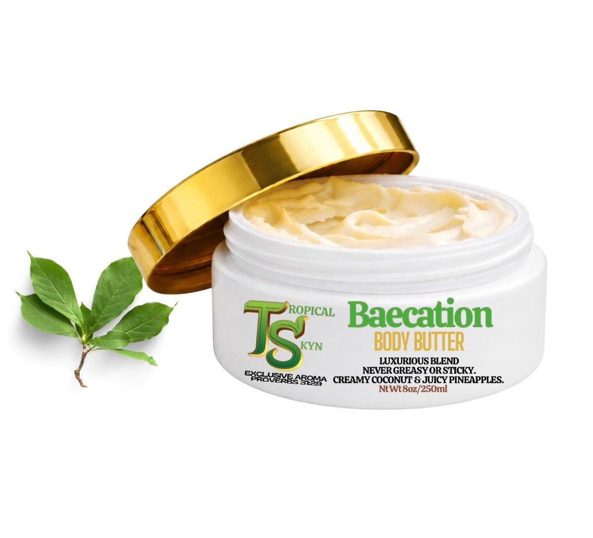 Jar of Baecation body butter with a gold lid on a white background