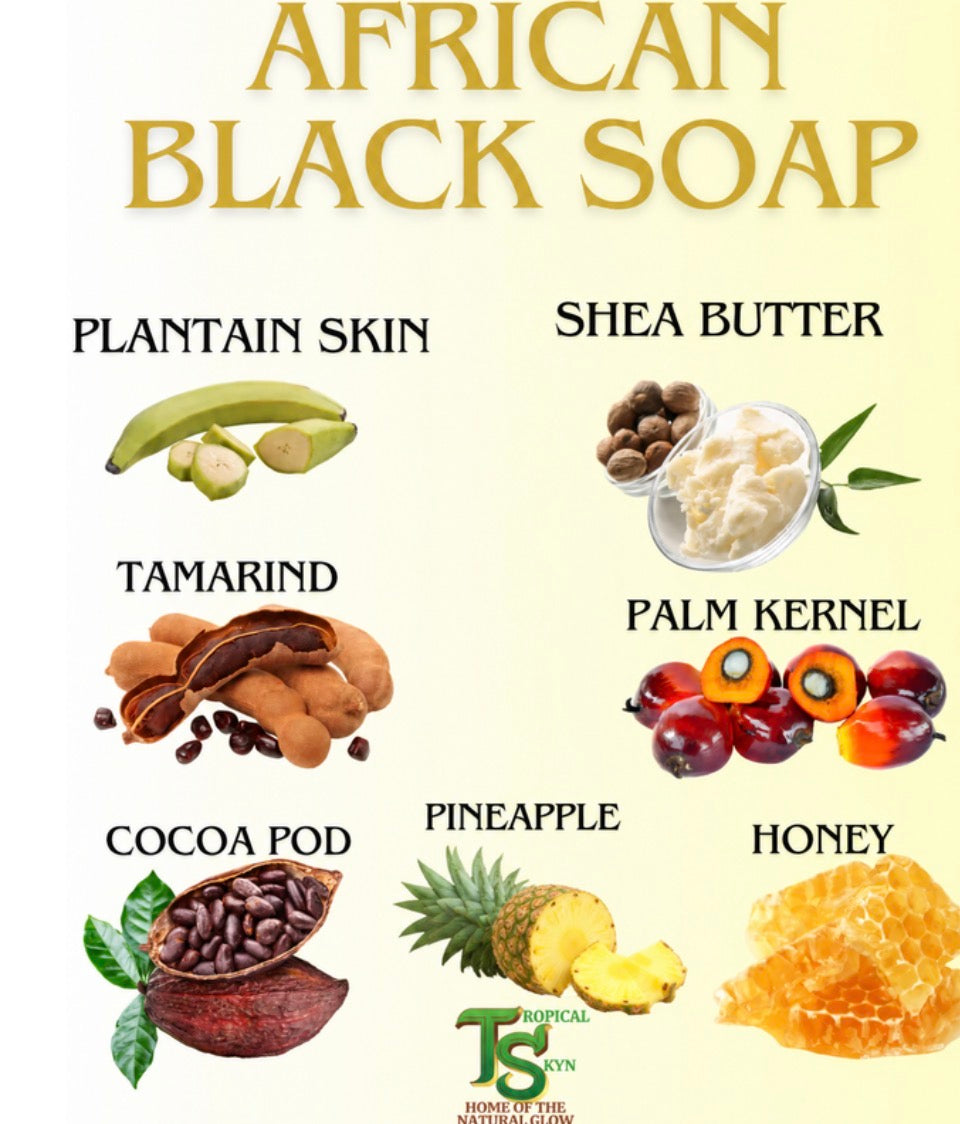 Ingredients of African Black Soap including plantain skin, shea butter, tamarind, palm kernel, cocoa pod, pineapple, and honey.