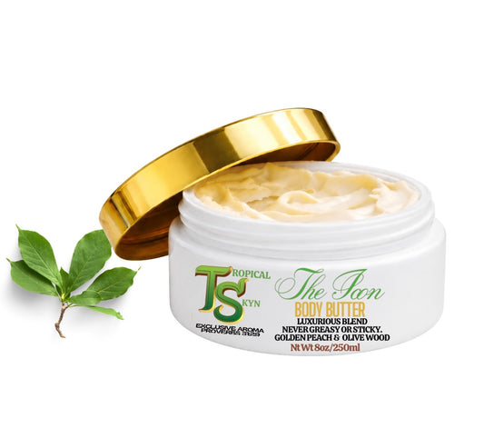 Tropical Skyn body butter jar with gold lid on a white background